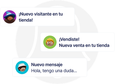 Notificaciones de nuevo visitante en la tienda, nueva venta y nuevo mensaje de chat